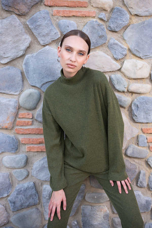 Woman Khaki Lycra Half Turtleneck Tight Set