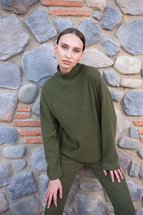 Woman Khaki Lycra Half Turtleneck Tight Set