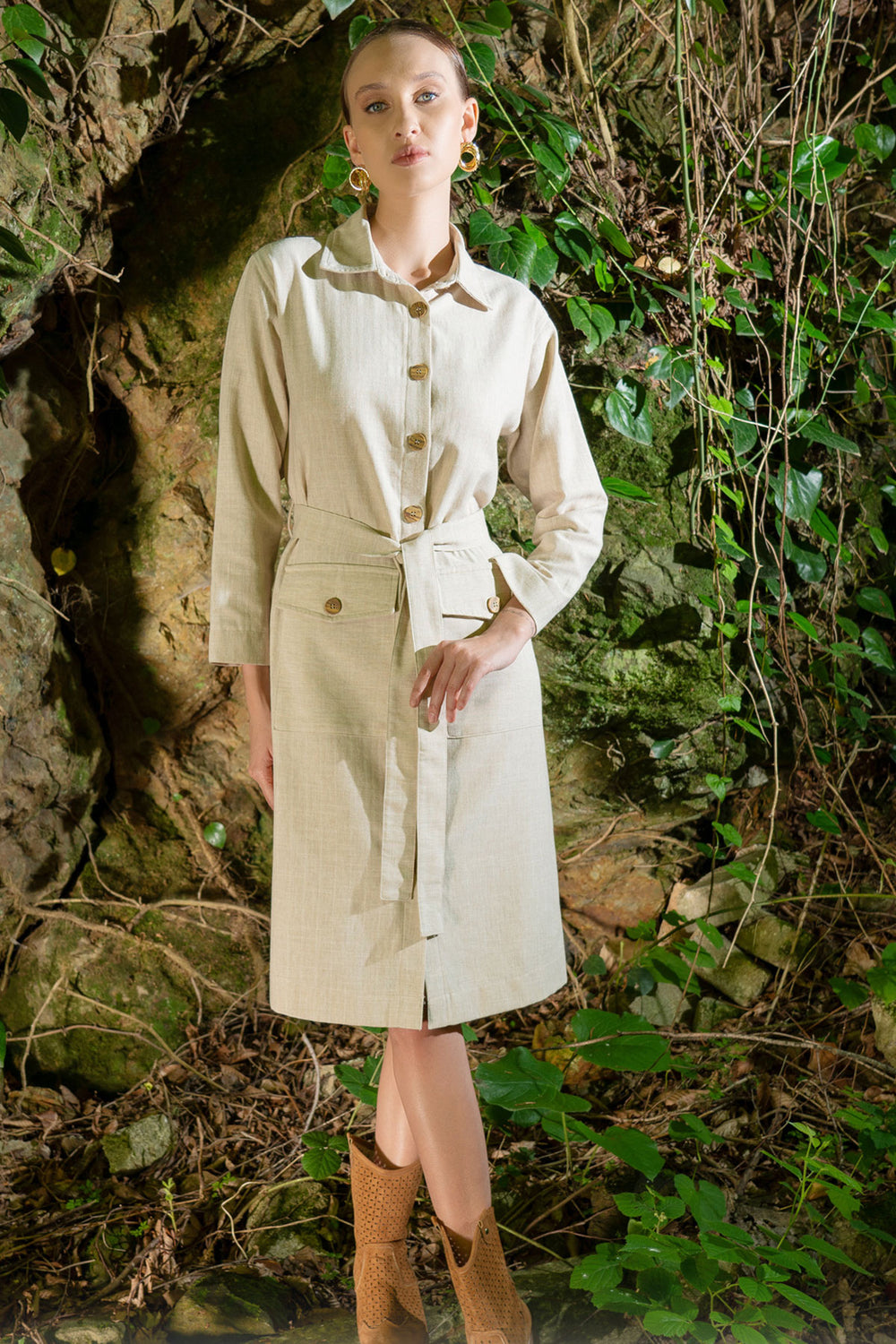 Woman Satra Linen Shirt Neck Long Sleeve Shirt Dress