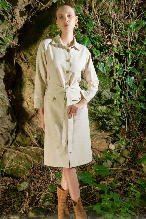 Woman Satra Linen Shirt Neck Long Sleeve Shirt Dress