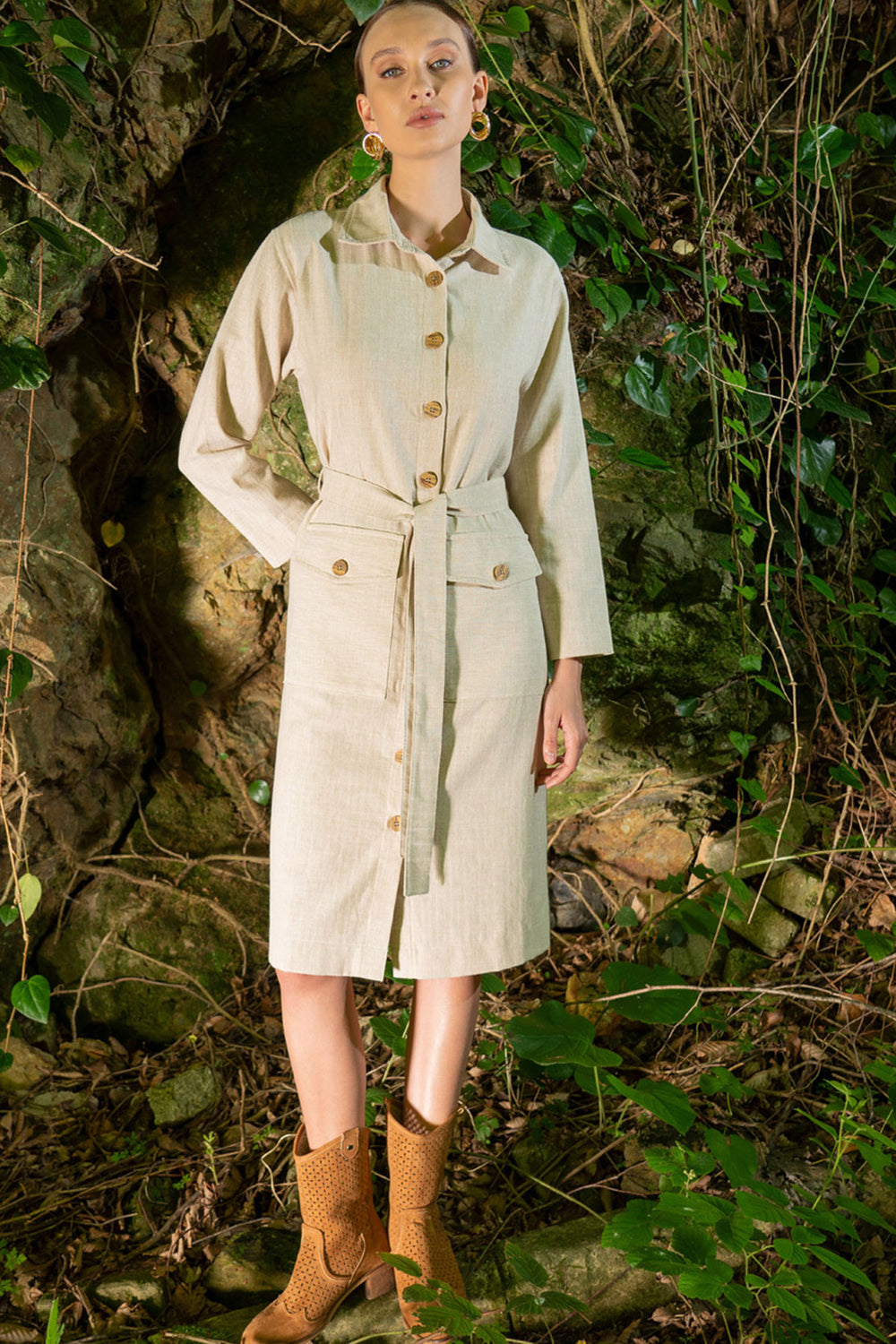 Woman Satra Linen Shirt Neck Long Sleeve Shirt Dress