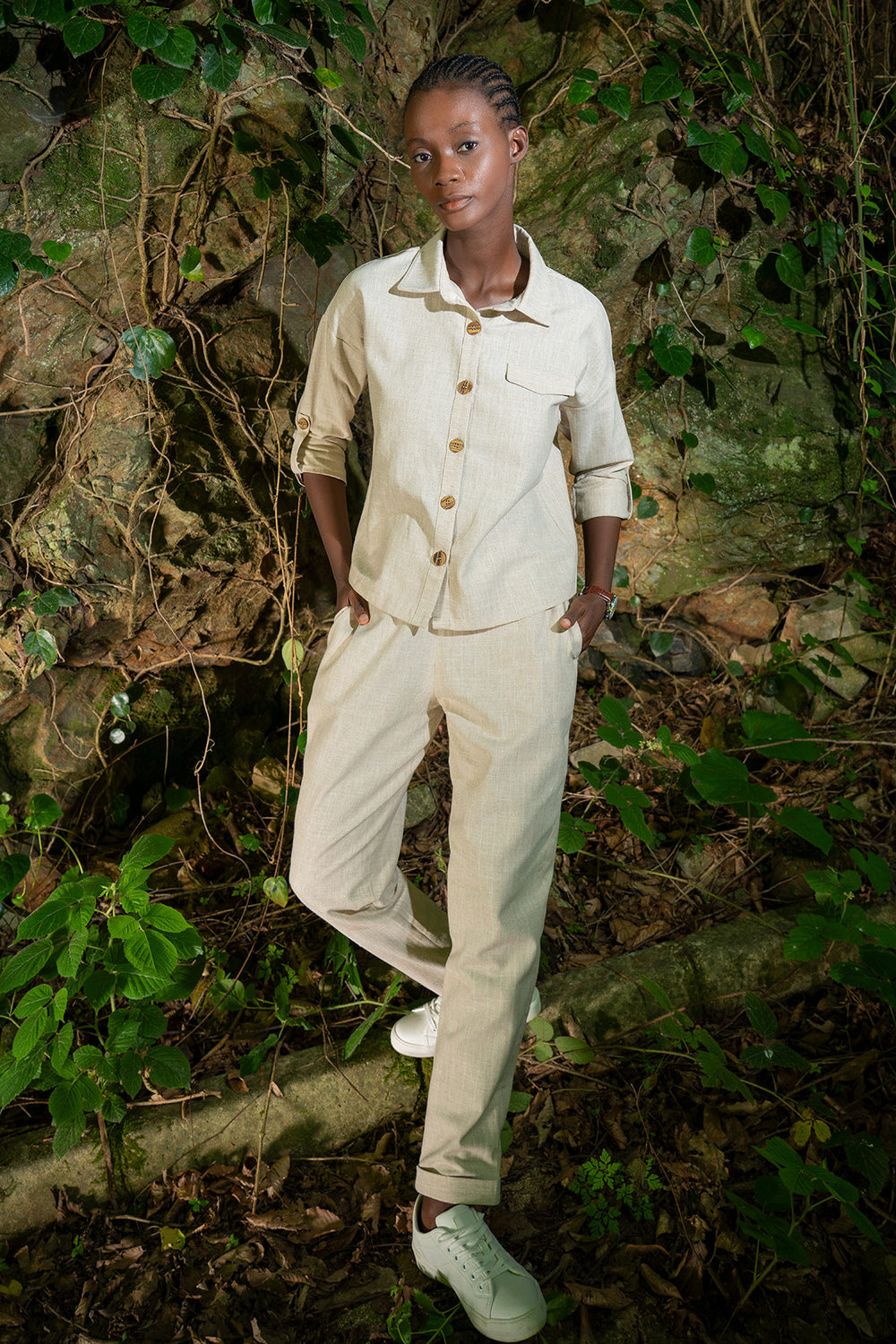 Woman Beige Linen Double Leg Pant Set