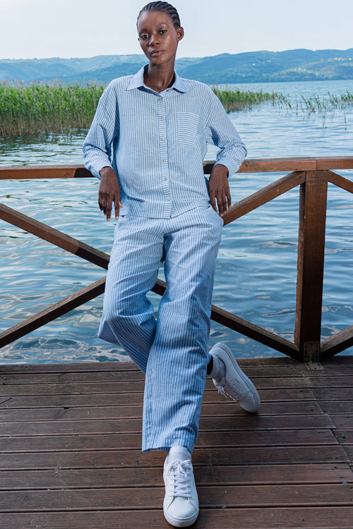 Woman Sky Cotton Viscon Shirt Collar Pant Set