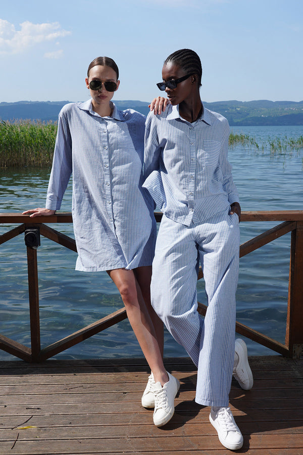 Woman Sky Cotton Viscon Shirt Collar Pant Set