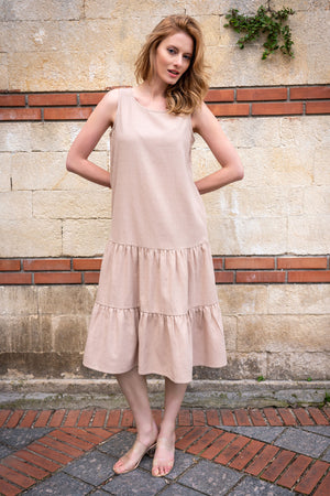 KADIN PAMUK KOLSUZ BISIKLET YAKA ETEGI CIFT KAT FIRFIRLI ELBISE