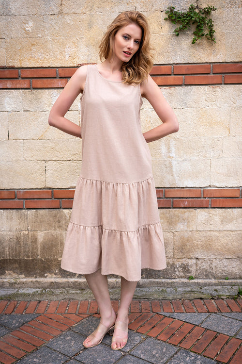 KADIN PAMUK KOLSUZ BISIKLET YAKA ETEGI CIFT KAT FIRFIRLI ELBISE