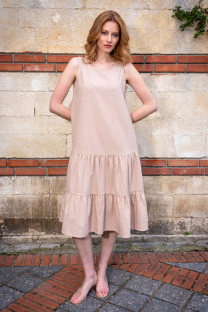 KADIN PAMUK KOLSUZ BISIKLET YAKA ETEGI CIFT KAT FIRFIRLI ELBISE