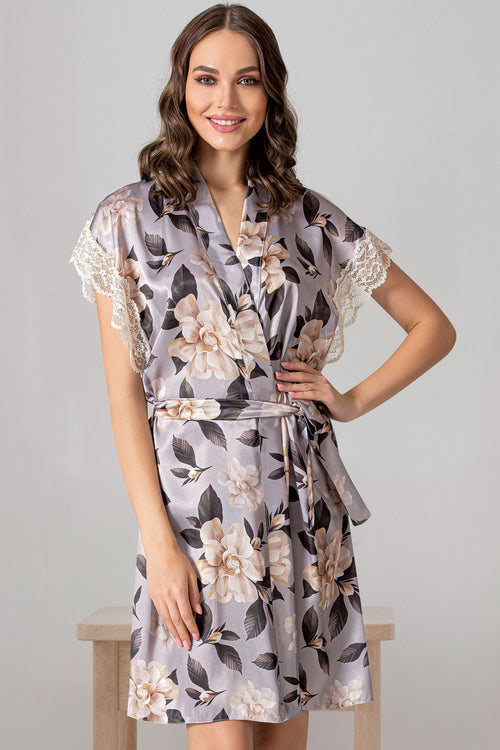 Woman Satin Espresso Lace Sleeve Dressing Gown