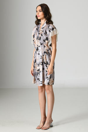 Woman Satin Espresso Lace Sleeve Dressing Gown