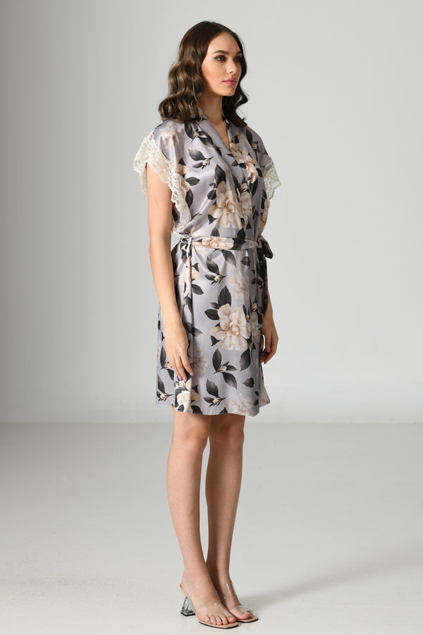 Woman Satin Espresso Lace Sleeve Dressing Gown