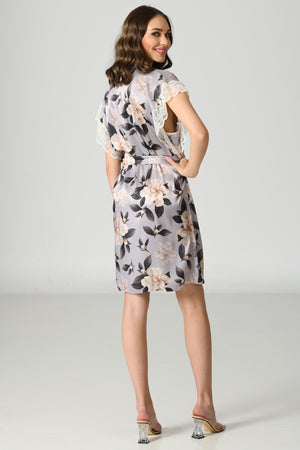 Woman Satin Espresso Lace Sleeve Dressing Gown