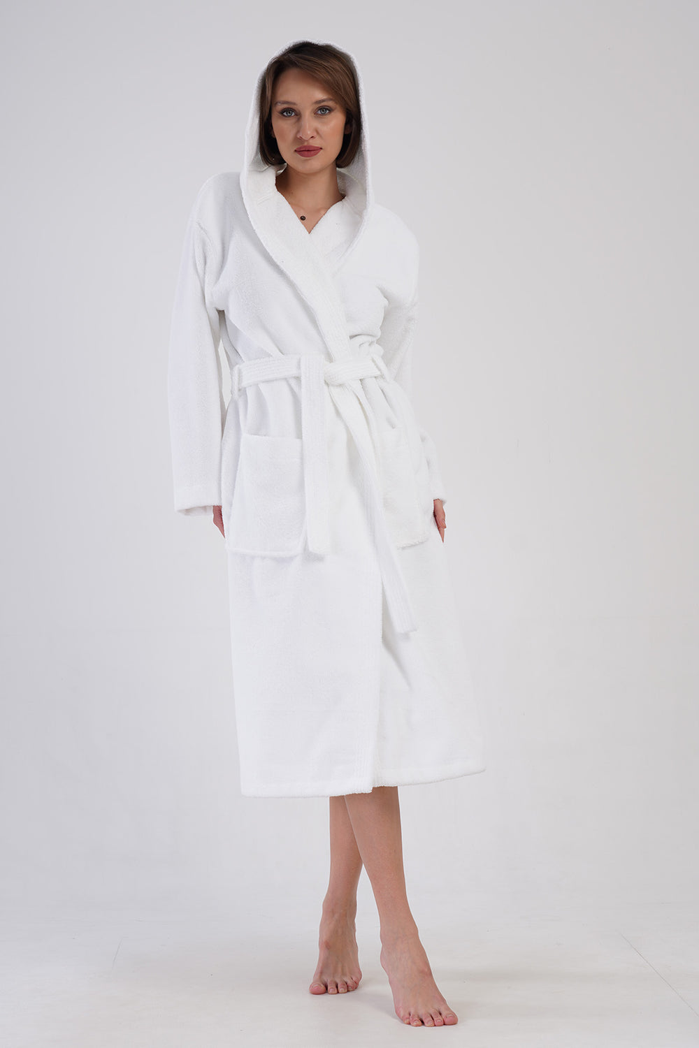 Woman Bukle White Hoodie Detail Bathrobe