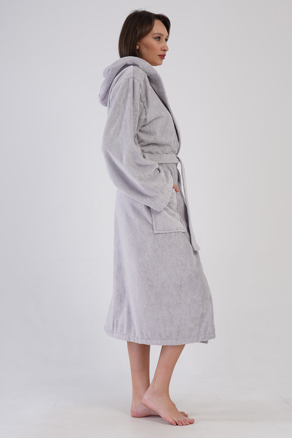 Woman Bukle Light Gray Hoodie Detail Bathrobe