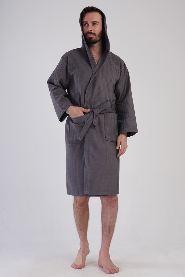 Man Waffle Thin Hoodie Detail Bathrobe