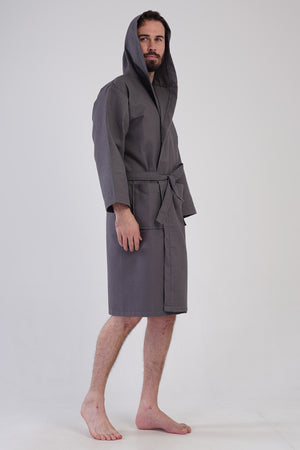 Man Waffle Thin Hoodie Detail Bathrobe