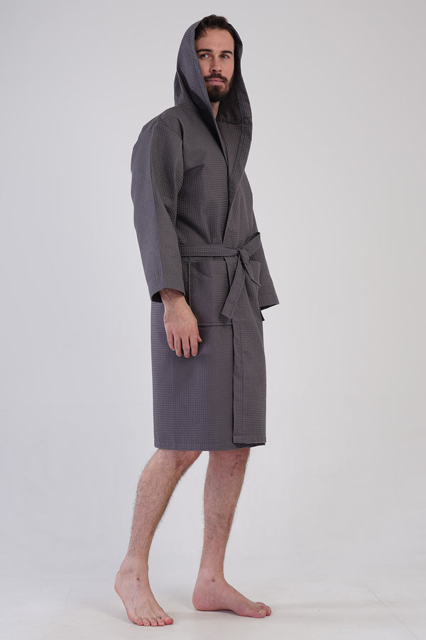 Man Waffle Thin Hoodie Detail Bathrobe