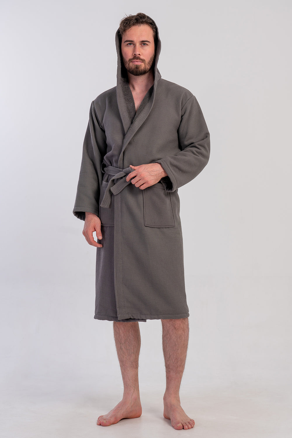 Man Waffle Hoodie Detail Bathrobe