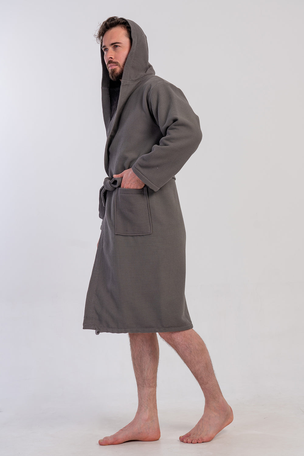 Man Waffle Hoodie Detail Bathrobe