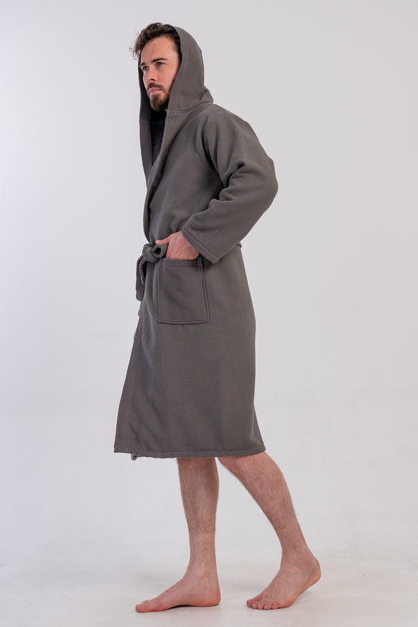 Man Waffle Hoodie Detail Bathrobe