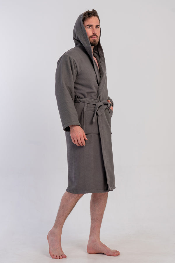 Man Waffle Hoodie Detail Bathrobe