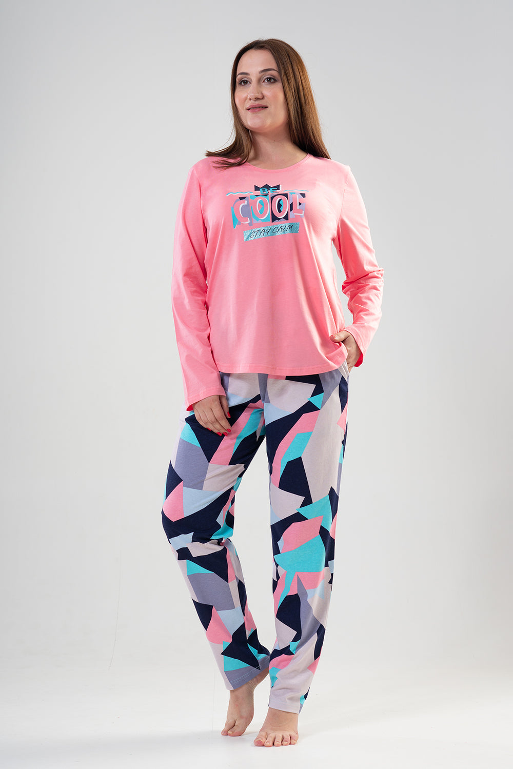 KADIN P.SUPREM XXL O YAKA UZUN KOL ETEGI OVAL CEPLI PIJAMA TAKIM 203167 - Vienetta1.GrupCOTTONPINK