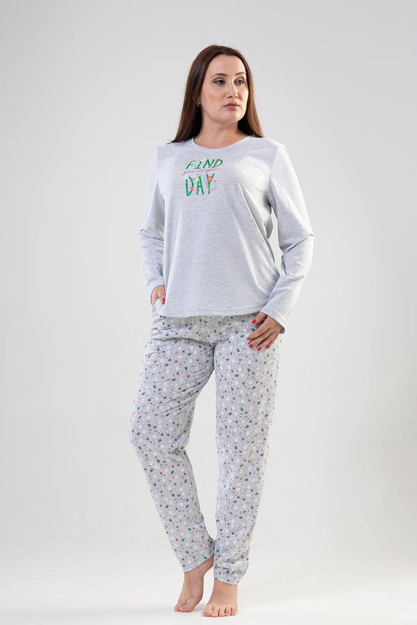 KADIN SUPREM XXL UZUN KOL PIJAMA TAKIM 204068 - Vienetta1.GrupGRAY MELANGE