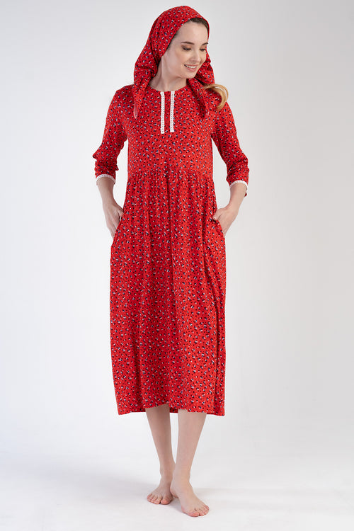 Woman Modal Red Poor Sleeve Pocket Detail Dress