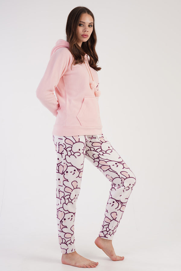 Woman Fleece Pink Hoodie Pyjama Set