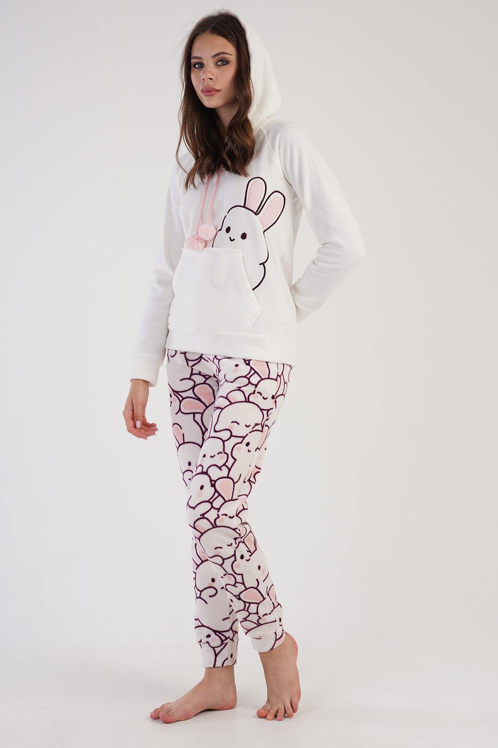 KADIN POLAR KAPSONLU REGLAN UZUN KOL KANGURU CEPLI MANSETLI CEPLI PIJAMA TAKIM