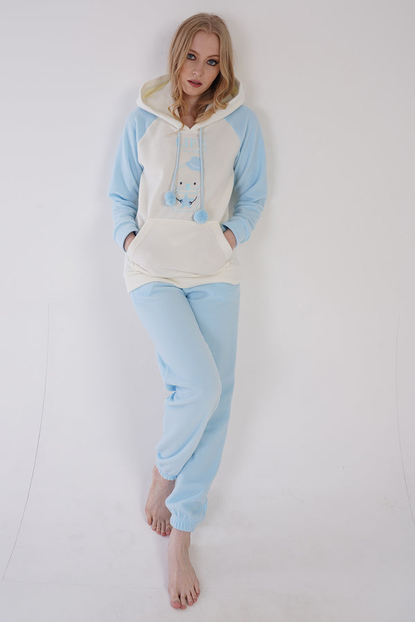 KADIN POLAR KAPSONLU REGLAN UZUN KOL KANGURU CEPLI PACASI BUZGULU MANSETLI CEPLI PIJAMA TAKIM