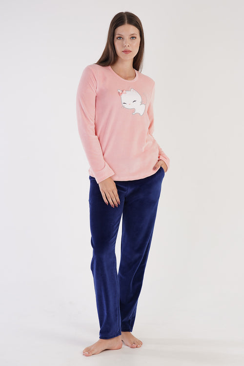 KADIN KADIFE UZUN KOL PIJAMA TAKIM 306002 - Vienetta1.GrupBABY PINK