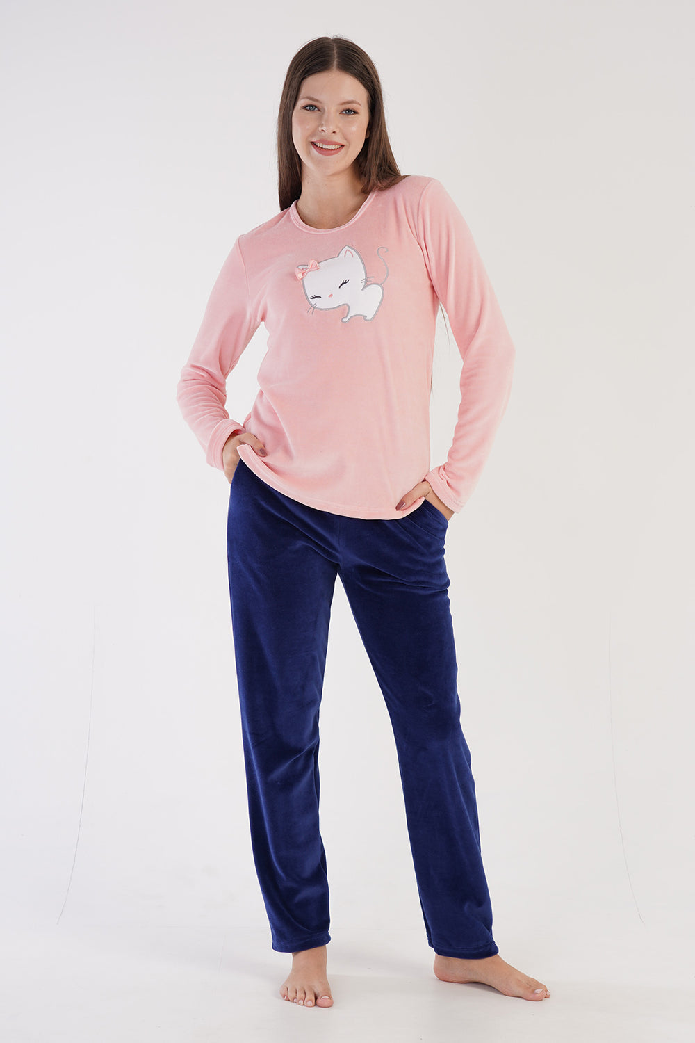 KADIN KADIFE UZUN KOL PIJAMA TAKIM 306002 - Vienetta1.GrupBABY PINK