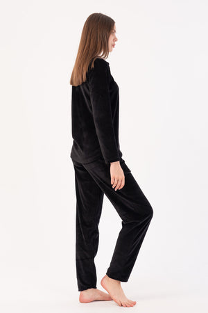 KADIN KADIFE UZUN KOL PIJAMA TAKIM 306007 - Vienetta1.GrupSIYAH