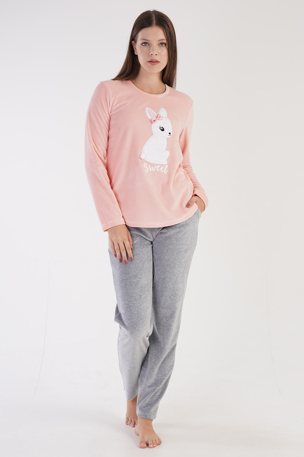 KADIN KADIFE UZUN KOL PIJAMA TAKIM 306010 - Vienetta1.GrupPEACH