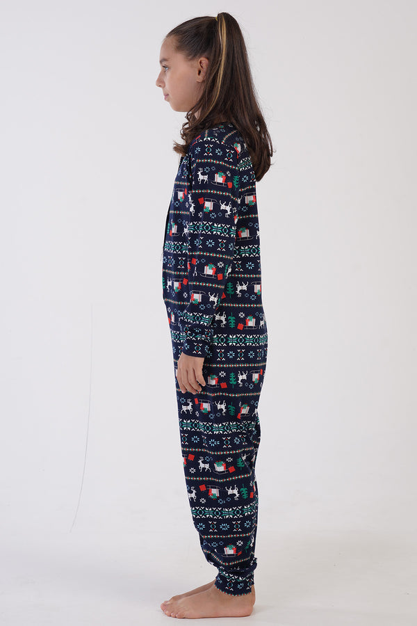 Kids' Girl Supreme Buttoned Christmas Pattern Jumpsuit