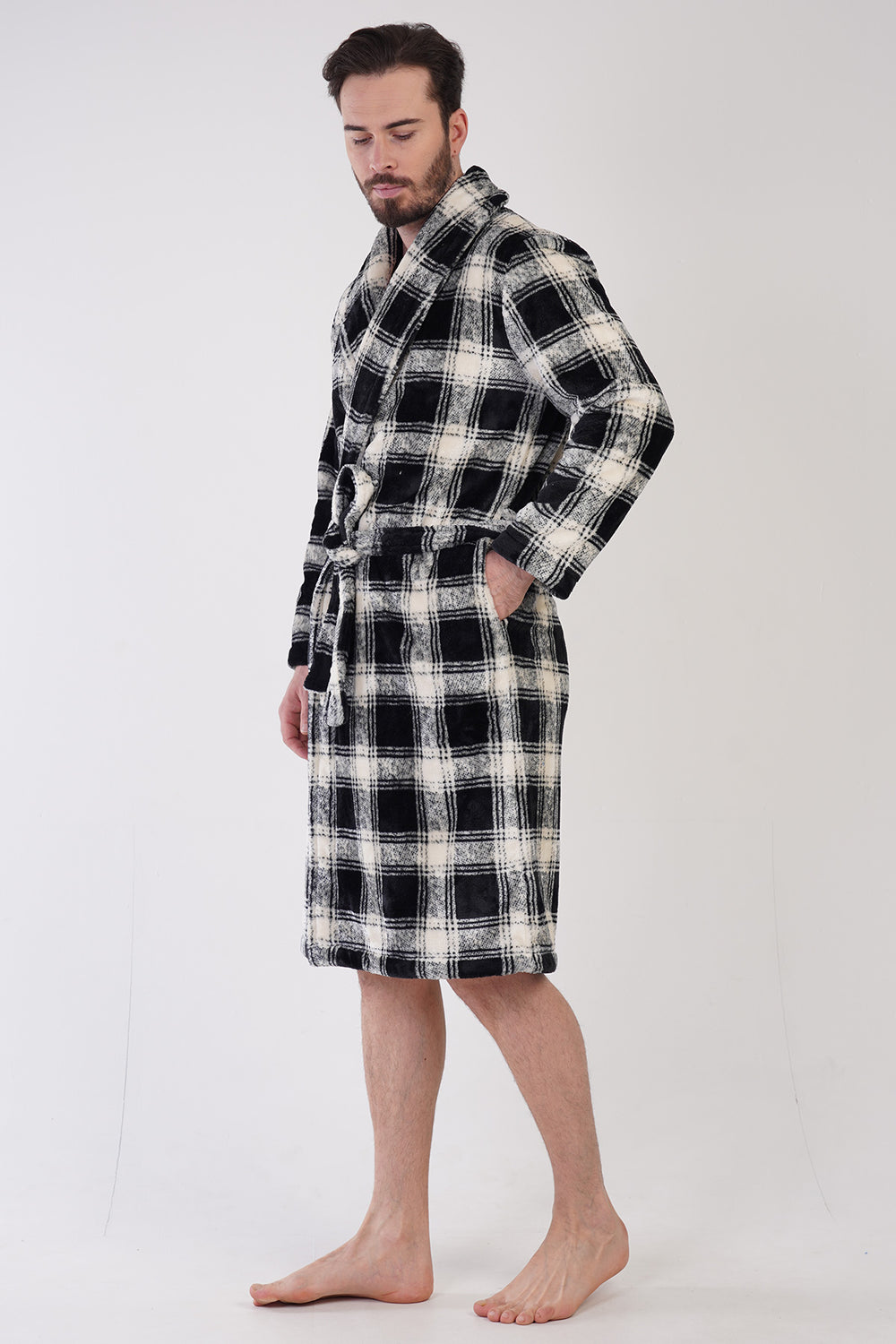 Man Black Plaid Soft Dressing Gown