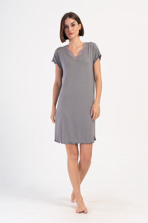 Woman Gray Viscon V Neck Short Sleeve Lace Detail Tunic