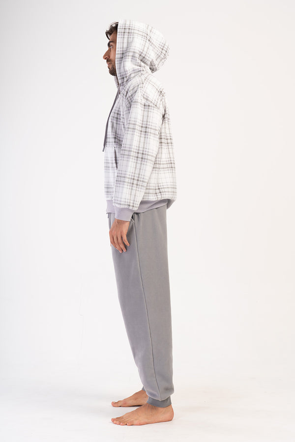 Man Gray Fleece Hoodie & Zipper Detail Pyjama Set