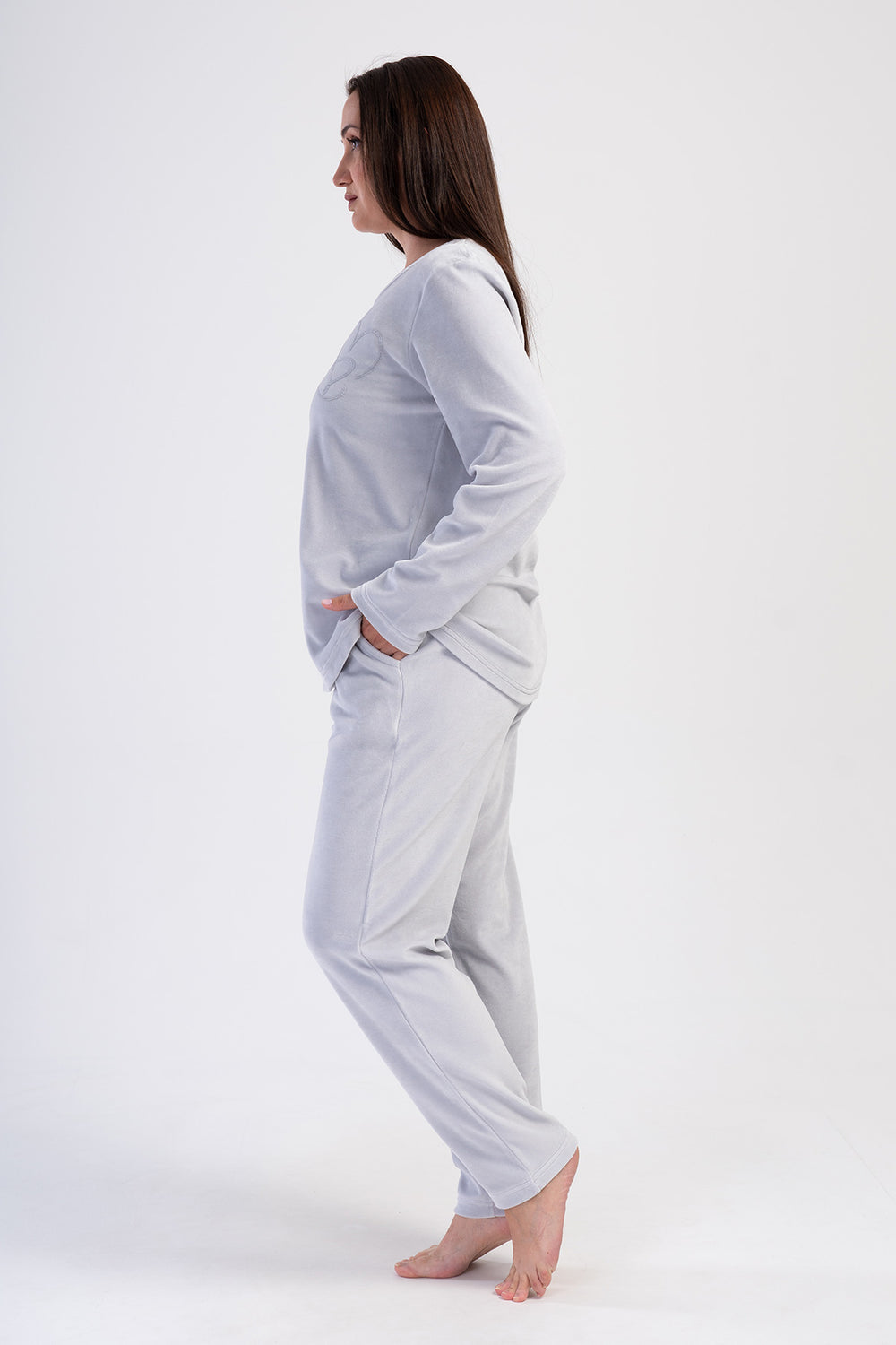 Woman Stone Velvet Big Size Pocket Detail Pyjama Set