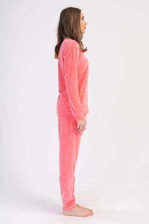 Woman Cotton Pink Velvet Pocket Detail Pyjama Set