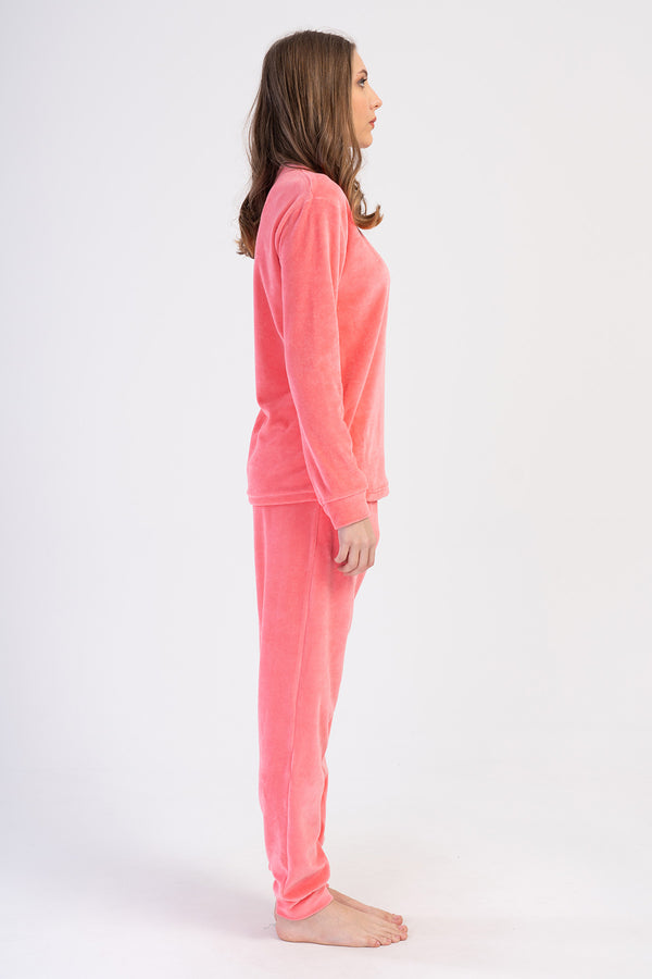 Woman Cotton Pink Velvet Pocket Detail Pyjama Set