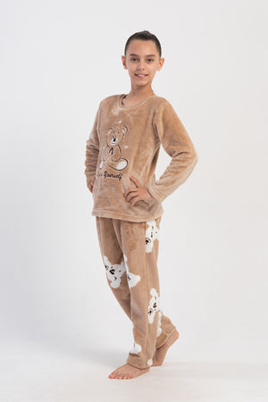 Kids' Girl Soft Beige O Neck Pocket Detail Pyjama Set