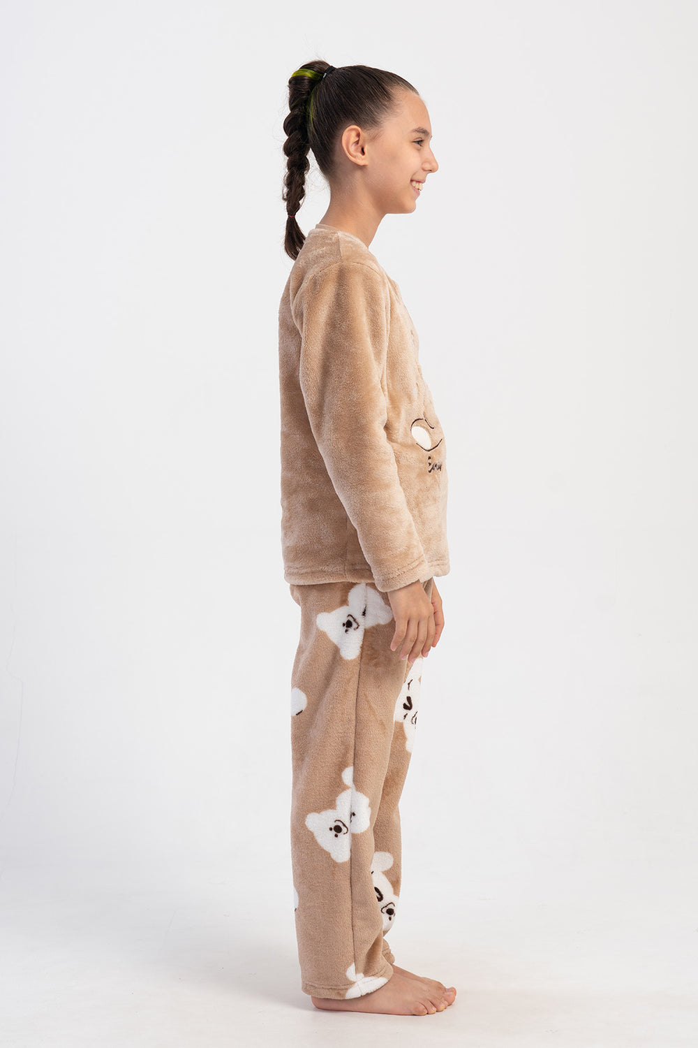 Kids' Girl Soft Beige O Neck Pocket Detail Pyjama Set