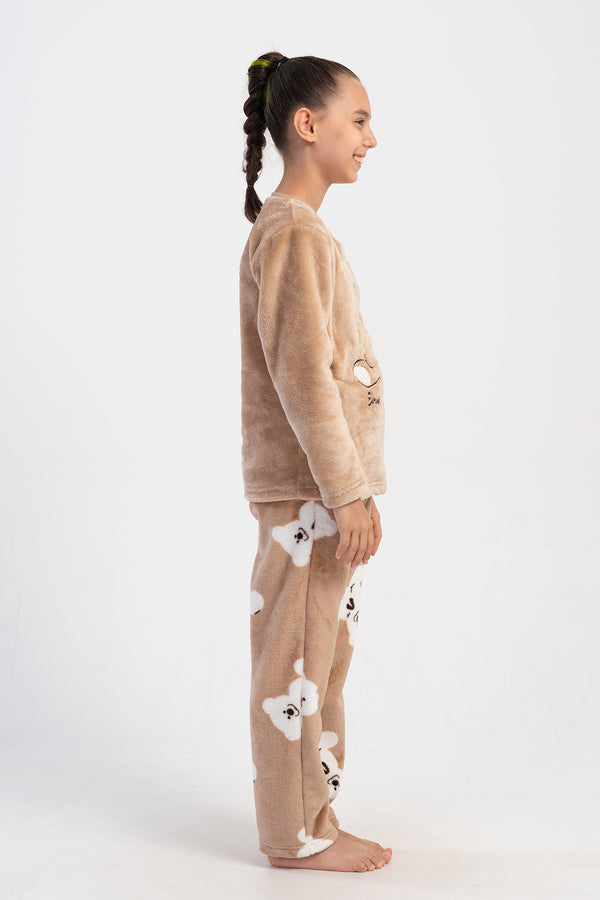 Kids' Girl Soft Beige O Neck Pocket Detail Pyjama Set