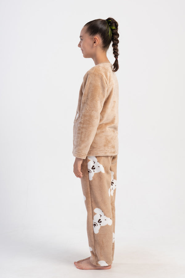 Kids' Girl Soft Beige O Neck Pocket Detail Pyjama Set