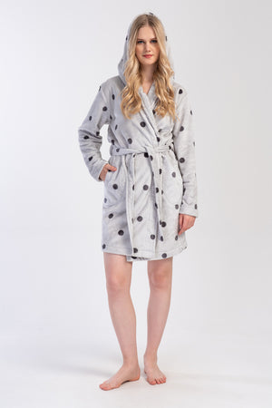Woman Soft Polka Dot Long Sleeve Pocket Detail Hoodie Dressing Gown