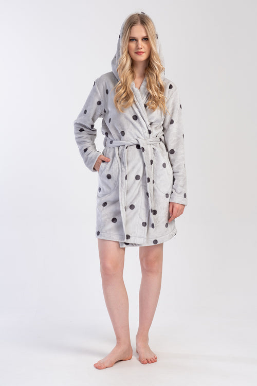 Woman Soft Polka Dot Long Sleeve Pocket Detail Hoodie Dressing Gown