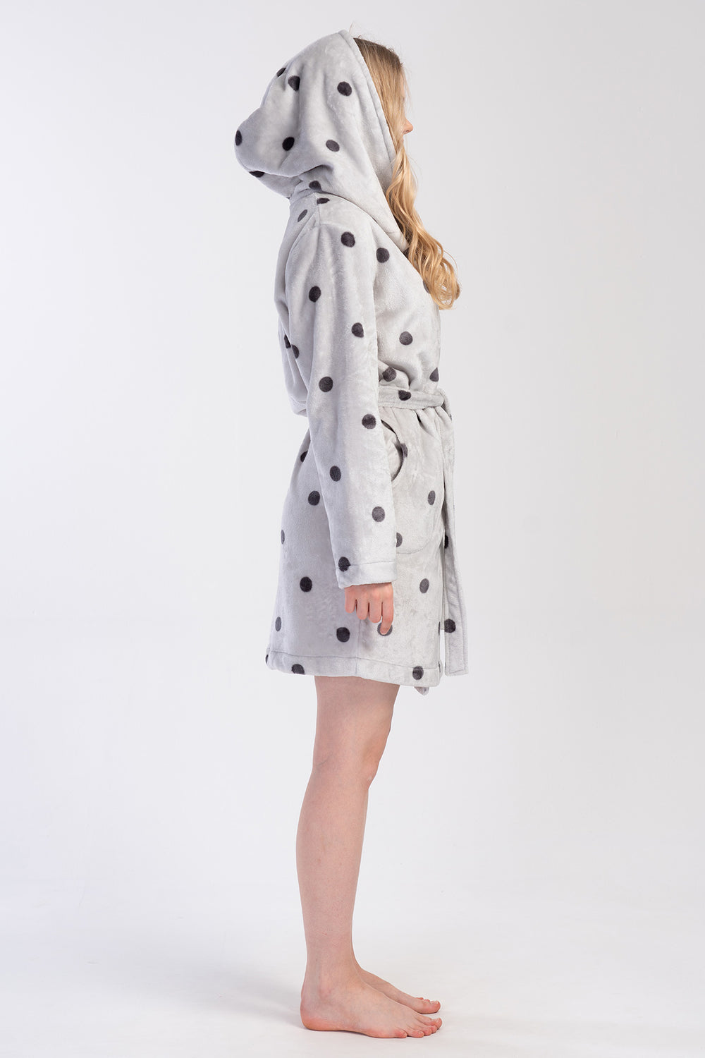 Woman Soft Polka Dot Long Sleeve Pocket Detail Hoodie Dressing Gown
