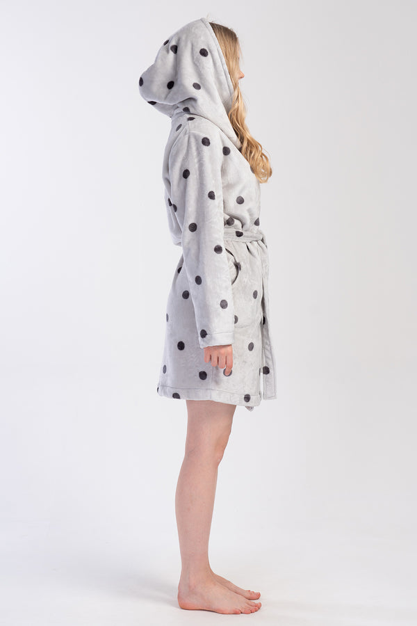 Woman Soft Polka Dot Long Sleeve Pocket Detail Hoodie Dressing Gown