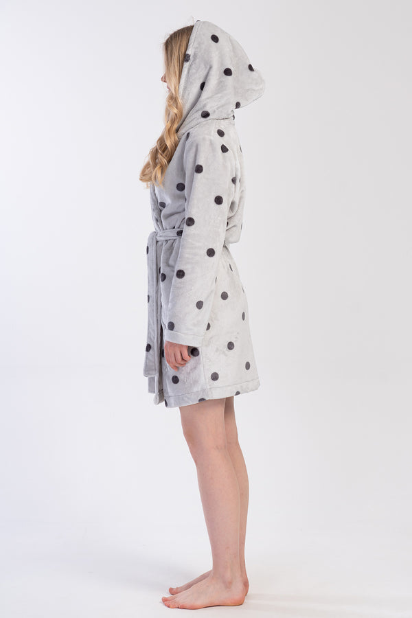 Woman Soft Polka Dot Long Sleeve Pocket Detail Hoodie Dressing Gown